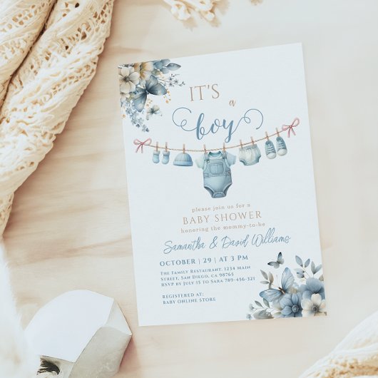 柔らかい青の男の子のフローラエレガントのシャワー 招待状