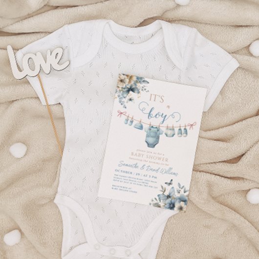 柔らかい青の男の子のフローラエレガントのシャワー 招待状