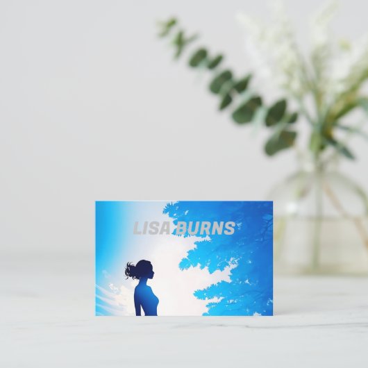 柔らかい青の背景を持つ女性のシルエット 名刺 (スタンド正面)