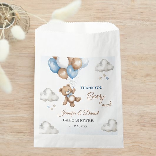 柔らかい青の赤ちゃんシャワーテディベア風船 フェイバーバッグ