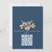 柔らかい青、白い花と金ゴールドのフレーム装飾 招待状 (裏面)