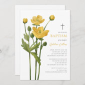 柔らかい黄色の花のスクリプエレガントトバプテスマ 招待状 (正面/裏面)