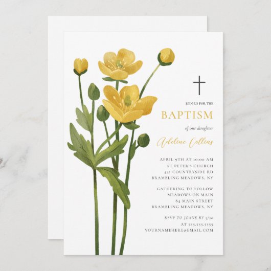 柔らかい黄色の花のスクリプエレガントトバプテスマ 招待状 (正面/裏面)