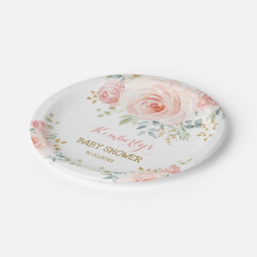 柔らかいBohoの赤面のピンクの金ゴールドの花のベビーシャワー ペーパープレート (アングル)