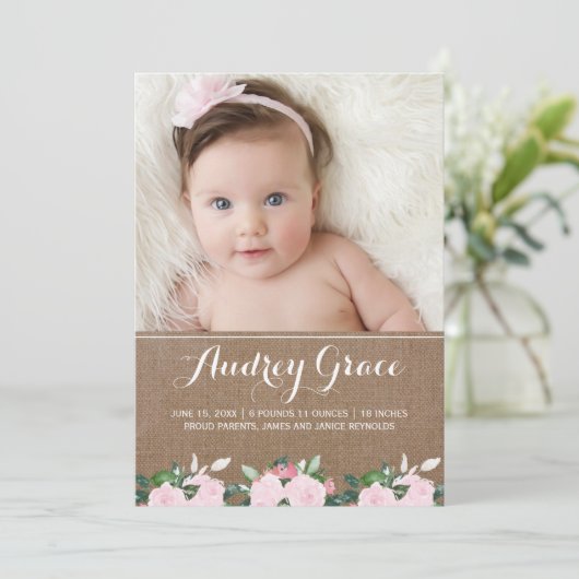 柔らかいBotanicalsのバーラップ|の誕生の発表 案内状 (スタンド正面)