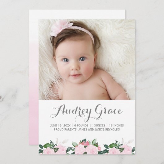 柔らかいBotanicalsのピンク|の誕生の発表 案内状 (正面/裏面)