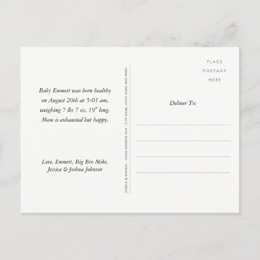 柔らかいBurlapユーカリ写真誕生のお知らせ 案内ポストカード (裏面)