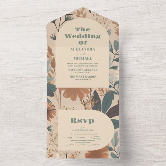 柔らかくミュートされたアーストーンワイルドフラワー結婚ズ オールインワン招待状 (内側)
