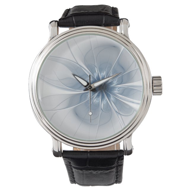柔らかく優しい青いフラクタルファンタジーの花 腕時計 (正面)