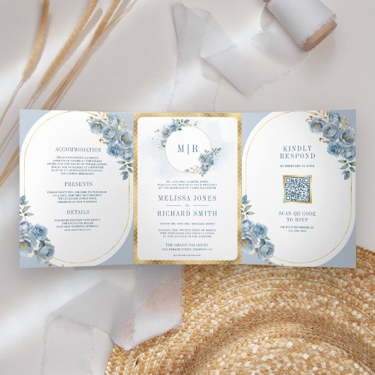 柔らかく埃っぽい青いフローラ金ゴールド結婚すべて 三つ折り招待状