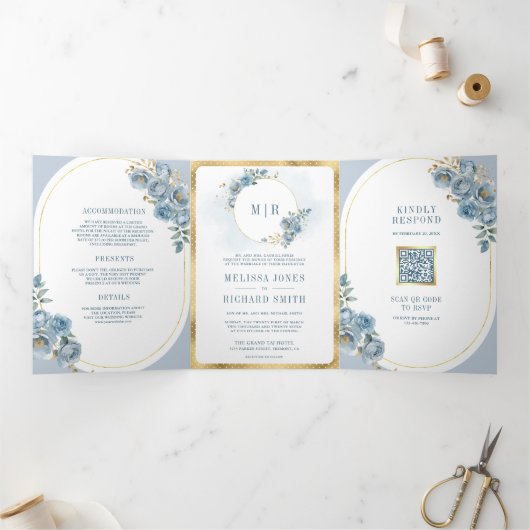 柔らかく埃っぽい青いフローラ金ゴールド結婚すべて 三つ折り招待状 (内部)
