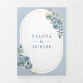 柔らかく埃っぽい青いフローラ金ゴールド結婚すべて 三つ折り招待状 (カバー)