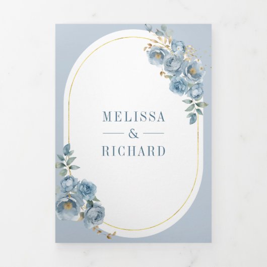 柔らかく埃っぽい青いフローラ金ゴールド結婚すべて 三つ折り招待状 (カバー)