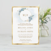 柔らかく埃っぽい青いフローラ金ゴールド結婚すべて 招待状 (スタンド正面)