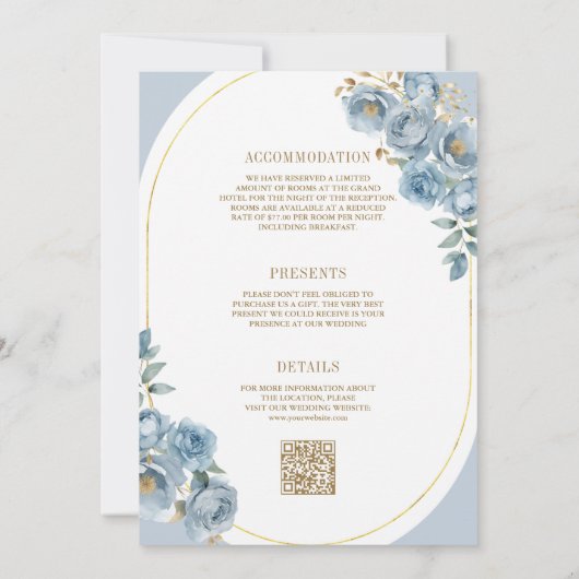 柔らかく埃っぽい青いフローラ金ゴールド結婚すべて 招待状 (裏面)