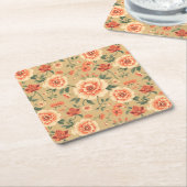 柔らかく威厳のあるほこりっぽいピンクフローラヴィンテージパターン スクエアペーパーコースター (アングル)