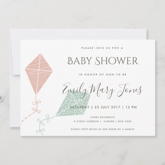 柔らかく繊細なピンクの青い凧のベビーシャワー 招待状 (正面)