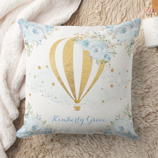 柔らかく青い花の金ゴールドの熱気の気球のベビーの子供部屋 クッション (ブランケット)