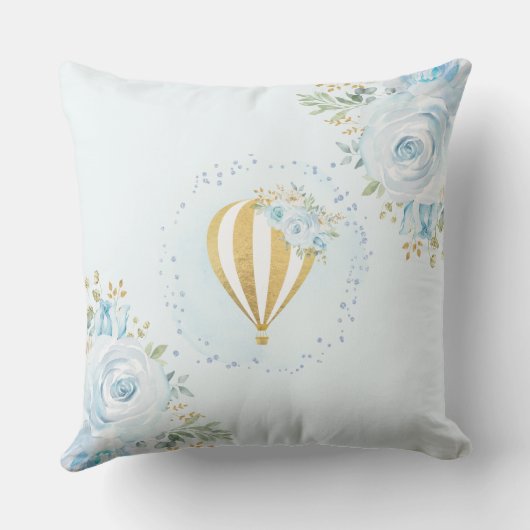 柔らかく青い花の金ゴールドの熱気の気球のベビーの子供部屋 クッション (裏面)