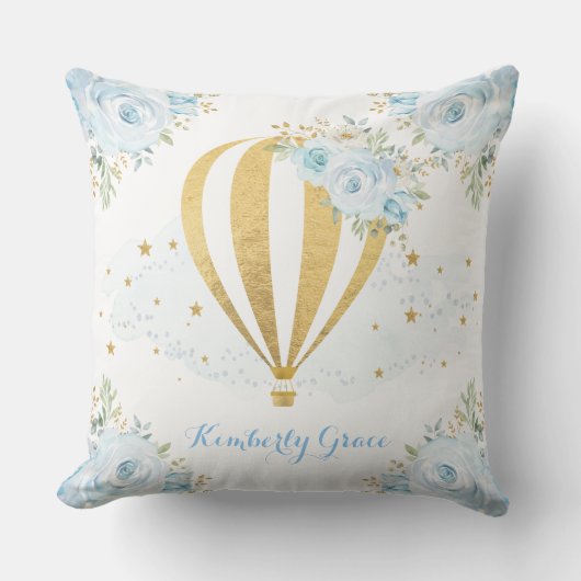 柔らかく青い花の金ゴールドの熱気の気球のベビーの子供部屋 クッション (正面)