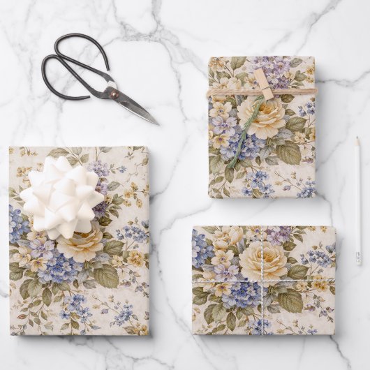 柔らかなアイボリーの庭の花開き ラッピングペーパーシート (正面)
