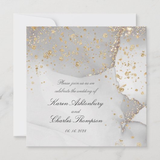 柔らかなグレーと輝くゴールドのモダンなウェディング 招待状 (正面)