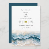 柔らかなサンディビーチ 青い波 水彩アート ウェディング 招待状 (正面/裏面)