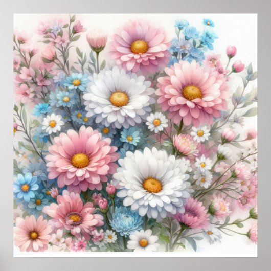 柔らかなパステルカラーの水彩画の色鮮やかな花 ポスター (正面)