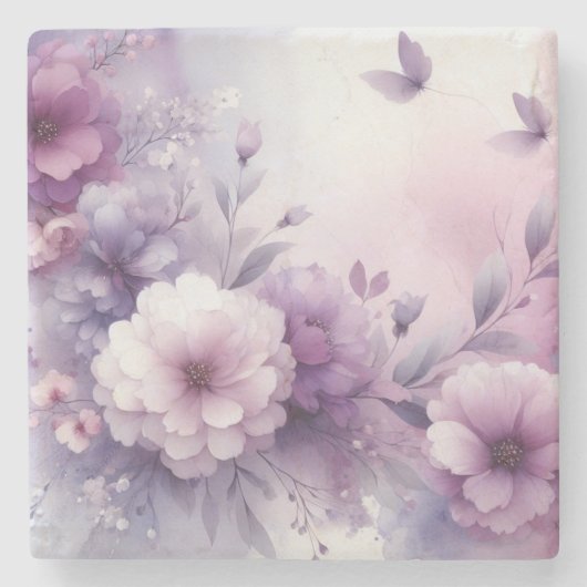 柔らかなパステルカラーの花の水彩画 ストーンコースター (正面)