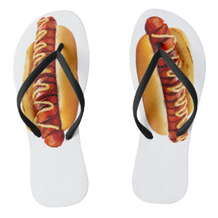 柔らかなパンに包まれたSlipperyJoe'sサマーBBQビホットドッグ ビーチサンダル