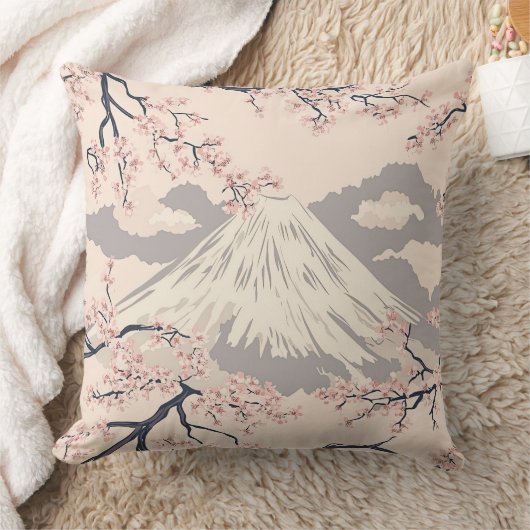 柔らかなピンクの桜と富士山の風景柄 クッション (ブランケット)