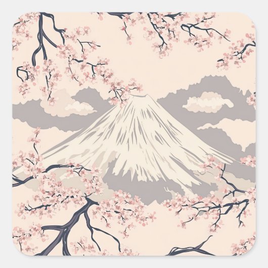柔らかなピンクの桜と富士山の風景柄 スクエアシール (正面)