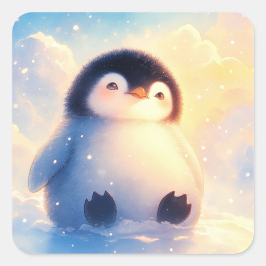 柔らかな冬の雪に座るかわいい赤ちゃんペンギン スクエアシール (正面)