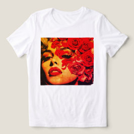 柔らかな白いTシャツの顔がバラで部分的に隠れた女性 トライブレンドTシャツ