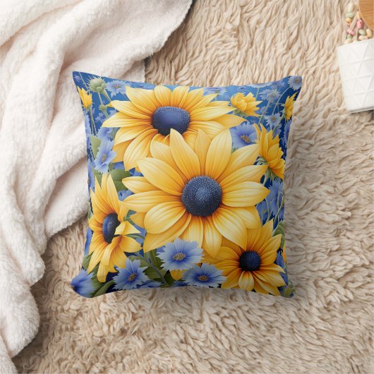 柔らエレガントかな青の野花のひまわり クッション (ブランケット)