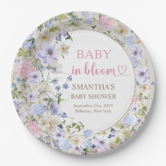 柔エレガントらかいパステルワイルドフラワーピンク淡青色 ペーパープレート (正面)