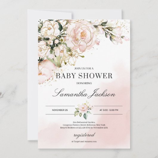柔エレガントらかいピンクのフローラ金ゴールドボーホベイビーシャワー 招待状 (正面)