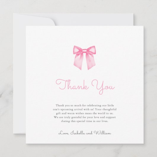 柔エレガントらかいピンクの弓の赤ちゃんシャワー サンキューカード (正面)