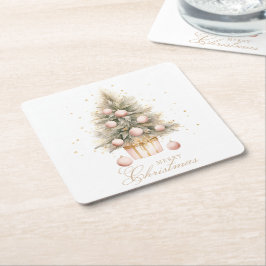 柔エレガントらかいピンクの水の色メリークリスマスツリー スクエアペーパーコースター