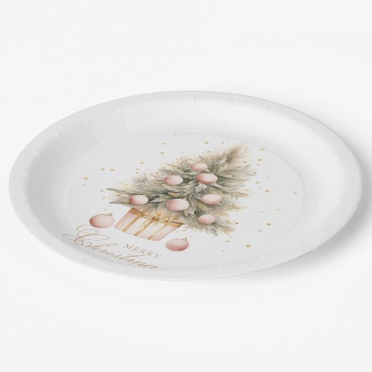 柔エレガントらかいピンクの水の色メリークリスマスツリー ペーパープレート (アングル)