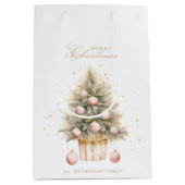 柔エレガントらかいピンクの水の色メリークリスマスツリー ミディアムペーパーバッグ (正面)