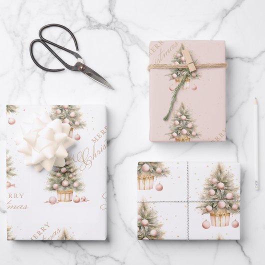 柔エレガントらかいピンクの水の色メリークリスマスツリー ラッピングペーパーシート (正面)