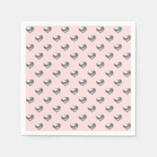 柔エレガントらかいピンクの背景に銀のハート スタンダードカクテルナプキン