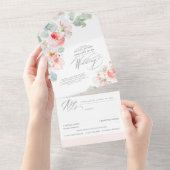 柔エレガントらかいピンクの花ボホ結婚の オールインワン招待状 (貼ってはがせる)