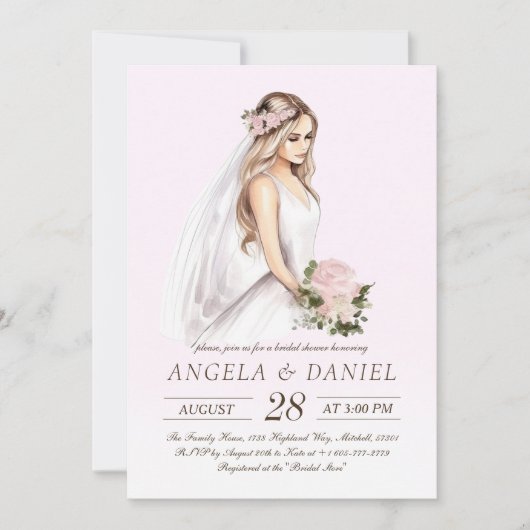 柔エレガントらかいピンクの花嫁ブライダルシャワー 招待状 (正面)