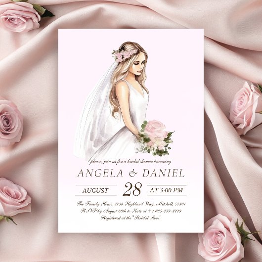 柔エレガントらかいピンクの花嫁ブライダルシャワー 招待状