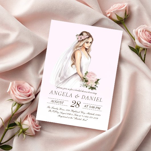 柔エレガントらかいピンクの花嫁ブライダルシャワー 招待状