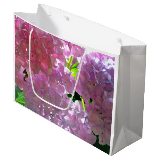 柔エレガントらかいピンクの花模様ピンクのアジサイバラ ラージペーパーバッグ (正面アングル)