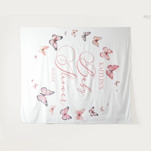 柔エレガントらかいピンクの蝶の赤ちゃんシャワー タペストリー (正面(横))
