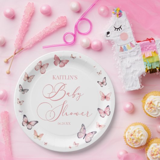 柔エレガントらかいピンクの蝶の赤ちゃんシャワー ペーパープレート (パーティー)